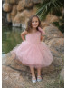 One Shoulder Blush Tulle Pearls Flower Girl Dress